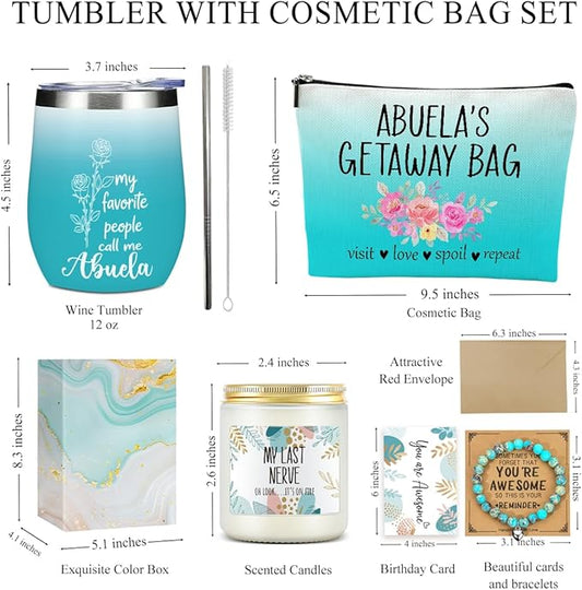 Abuela Grandma Gifts,Grandma Birthday Gifts, Funny Wedding Appreciation Gift for Women Grandmother Grammy Christmas Mothers Day Wine Tumbler Makeup Bag Bracelet Scented Candle Set with Gift Box