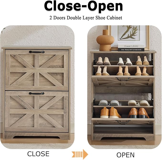 Shoe Storage Cabinet with 2 Flip Drawers, Farmhouse Shoe Organizer with Barn Door Design, Space-Saving Hidden Narrow Shoe Rack Cabinet for Entryway, Hallway & Foyer，Grey