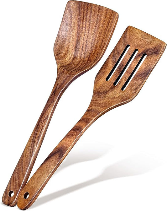 2Pcs Wooden Spatula, Acacia Solid & Slotted Turner Spatula Set, Long Handle Flat Frying Spatulas, Ideal Kitchen Gift for Mother and Grandma, Kitchen Utensils Set for Cooking, Frying, Baking