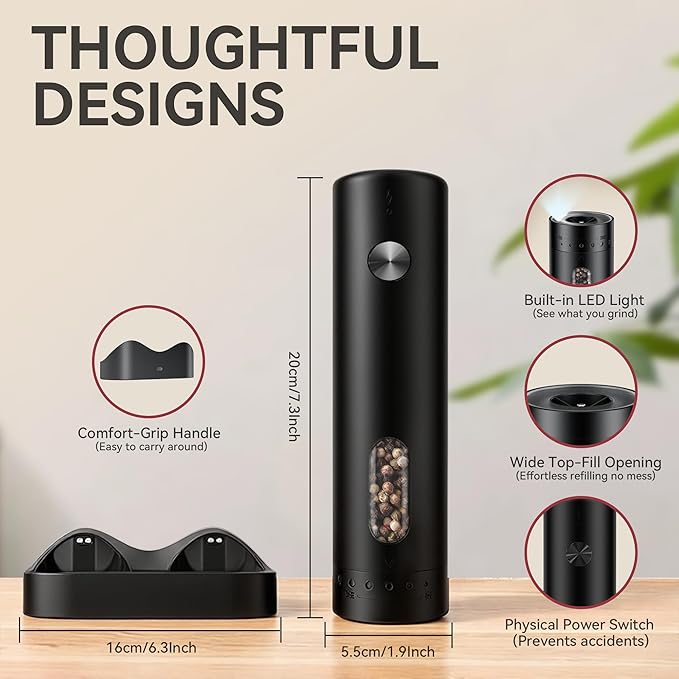 Electric Salt and Pepper Grinder Set with Rechargeable Base, Refillable Pepper Mill Set with LED Light & Adjustable Coarseness, Ideal for Kitchen, Outdoor, BBQ & Gift Giving