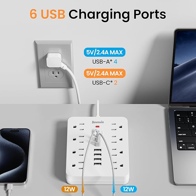 Surge Protector Power Strip - 8 Outlets(1250W/10A) 4 USB A（2 USB C, 6FT Flat Plug Extension Cord, Wall Mount Multi Plug Outlet Extender, ETL Listed for Home, Dorm Room