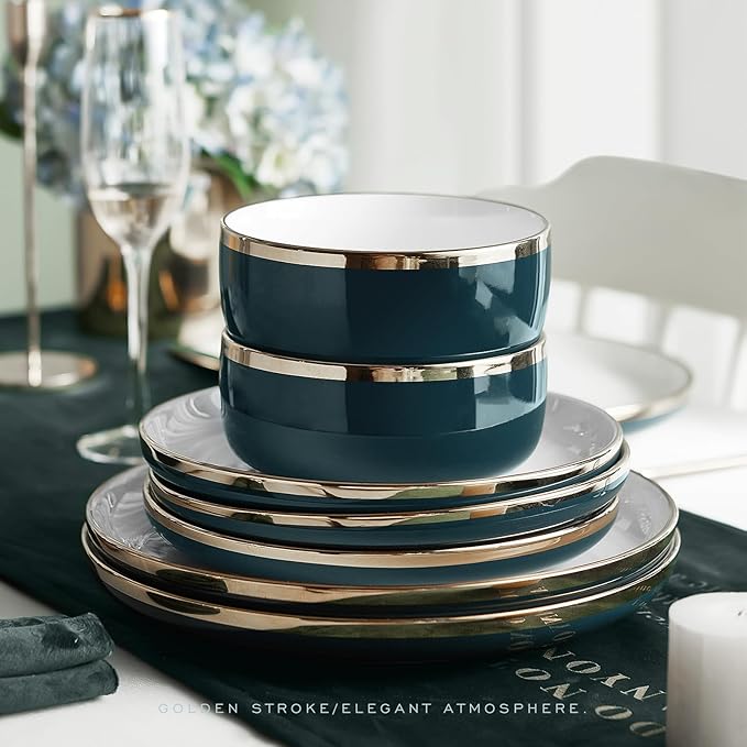 Porcelain Dinnerware Sets, 12 Piece Luxury China Plates and Bowls Sets, Green Dishes Set Gold Rim for Wedding Anniversary Birthday, Modern Dinner Plates Set