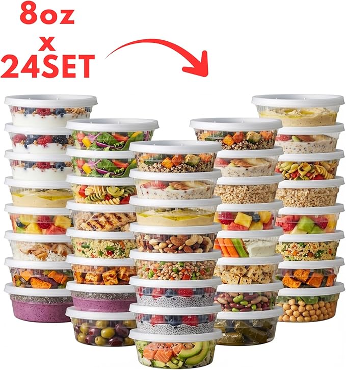 72 -Piece Deli Food Storage Containers with Lids – 32 oz, 16 oz & 8 oz Assorted Set (24 Each) – Leak-Resistant, Stackable, Reusable Meal Prep Containers for Soups, Salads, Leftovers & Snacks
