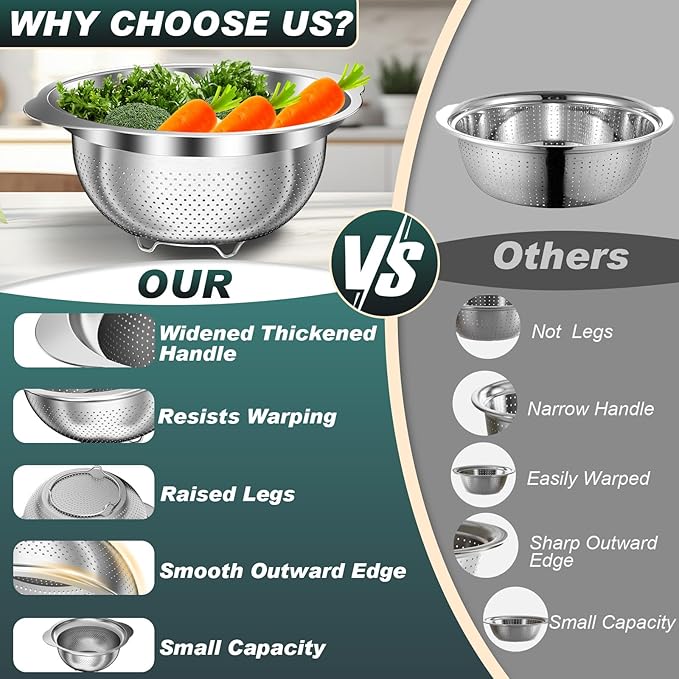 Stainless Steel Colander - 3Pcs Colander for Kitchen - Strainers and Colanders, Kitchen Presents, Food Strainer Basket with Handle for Veggie Wash, Fruits, Spaghetti, Pasta, 2QT, 2QT, 3QT Bowl