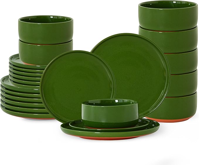 24 Piece Dinnerware Sets for 8, Dual Glaze Stoneware Plates and Bowls Set, Microwave and Dishwasher Safe, Forest Glaze Green