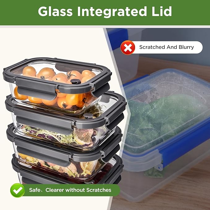 Glass Food Storage Containers with Glass Lids, 4 Pack of 22oz, Meal Prep Container with Airtight Lids, Microwave Safe Food Container Set, BPA Free, LeakProof, Ideal for Lunch