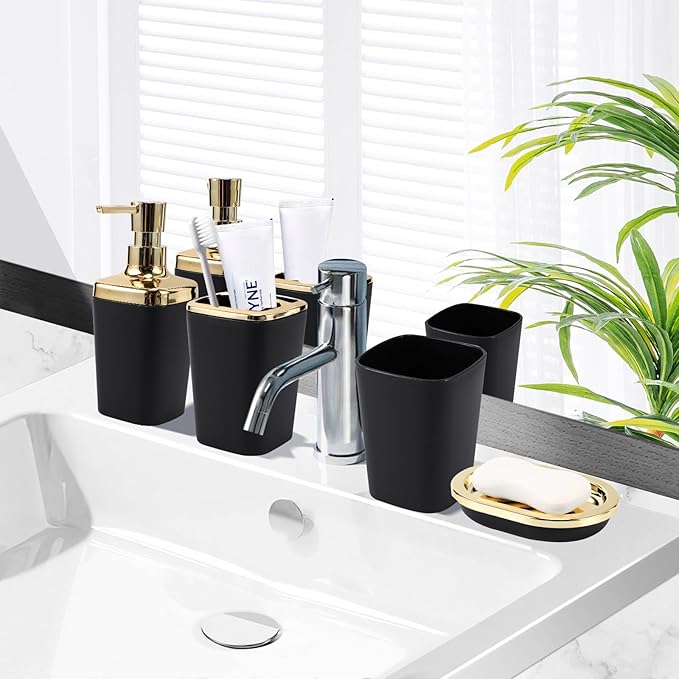 Bathroom Accessories Set - Black Bathroom Set, 9PC Bathroom Accessory Set with Trash Can, Toilet Brush, Qtip Holder Dispenser & Soap