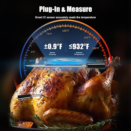 Wireless Meat Thermometer Digital, Smart Bluetooth Instant Read Thermometer，±0.9℉ Accuracy, IP68 Waterproof Food Thermometer for Oven, Smoker, BBQ, Rotisserie, Kitchen
