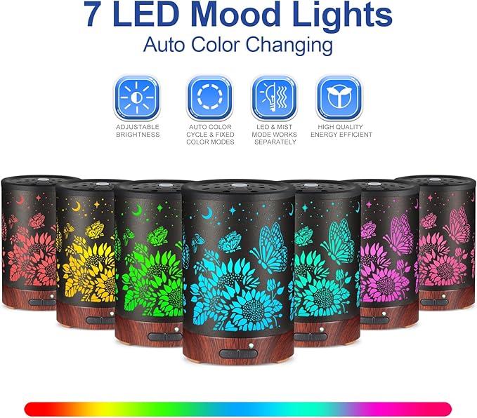 Essential Oil Diffuser- Aromatherapy Diffuser with7 Colors Light and Auto-Off for Women Metal Cool Mist Humidifier for Home and Office for Mom Women（Sunflower + Butterfly）