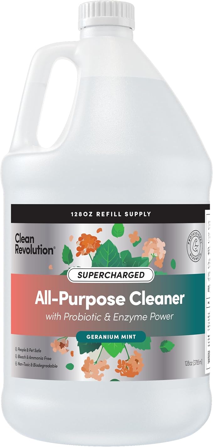 Clean Revolution SuperCharged Multi-Surface Cleaner, Refill Supply, Non-Toxic, Eco-Friendly & Plant-Based, Ready to Use, Geranium Mint, 128 Fl Oz