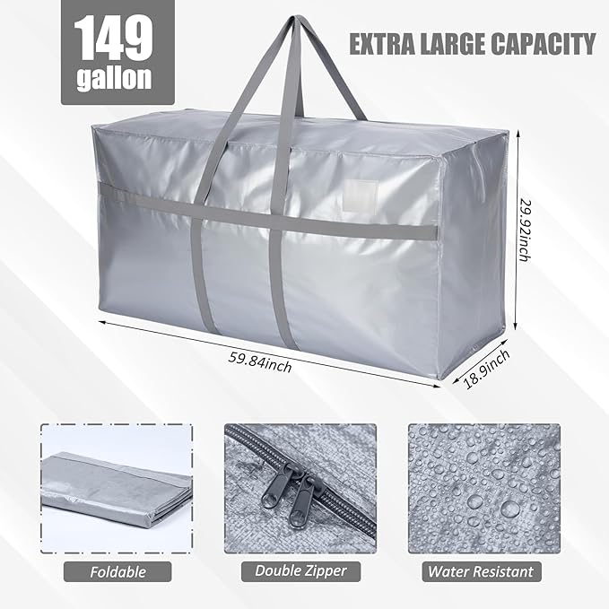 4 Pcs 149 Gallon Large Moving Bags with Zipper and Handles Foldable Storage Duffle Bags Heavy Duty Extra Large Totes for College Dorm Travel Clothes Blankets Bedding Moving (Silver)