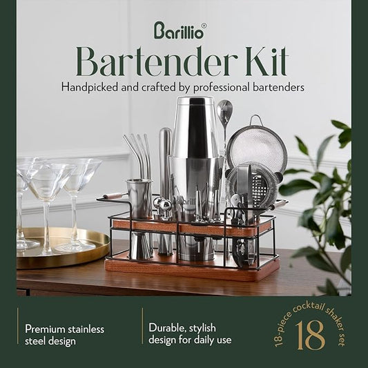 Barillio Bartender Kit – 23-Piece Stainless-Steel Cocktail Shaker Set with Premium African Mahogany Stand | Martini Barware Mixing Tools for Home Bartending | Gift Set