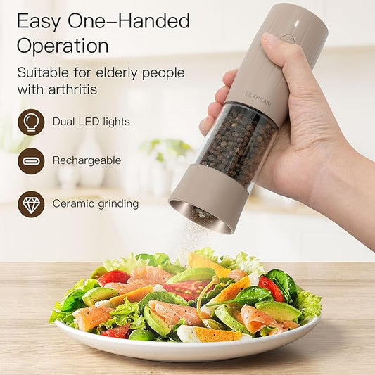 Ultrean Electric Salt and Pepper Grinder Set, Rechargeable Salt and Pepper Shakers, 6 Adjustable Coarseness, LED Light, Kitchen Gadget & Housewarming Gift, Brown