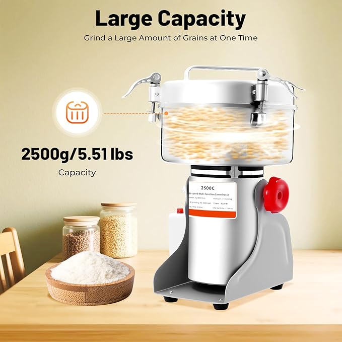 2500g Electric Grain Mill Grinder, High Speed 4500W Commercial Grinders, Stainless Steel Machine for Dry Grains, Coffee, Corn