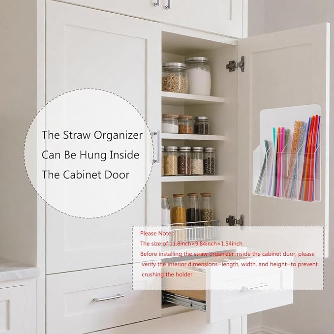 Acrylic Straw Holder for Cabinet Door Large Capacity 12"x10" Reusable Tumbler Drinking Straws Organizer Dispenser Storage for Cupboard with Ultra Sticky Adhesive Squares and Stickers