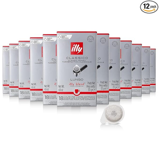 illy E.S.E. Single-Serve Espresso Paper Pods - Classico Lungo Roast, Notes Of Caramel, Orange Blossom & Jasmine - For ESE Coffee Machines – 18 Count, 12 Pack
