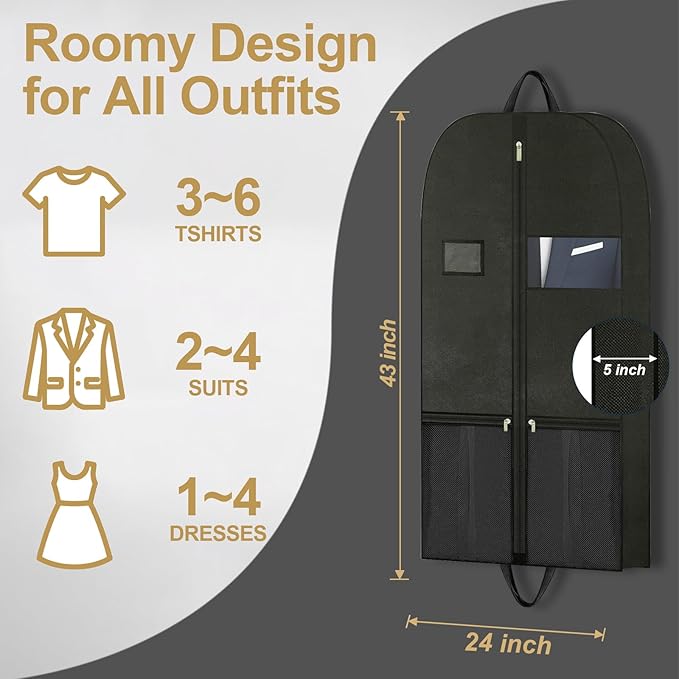 Heavy Duty Clothing Storage Garment Bag, Large Zippered Garment Bags for Hanging Clothes, Breathable Travel Garment Bags for Long Dresses and Suits, Hanging Garment Bags for Closet Storage 43 inches