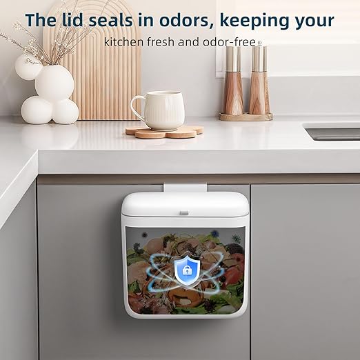 MUEE 1.8 Gal/7L Small Bathroom Trash Can with Lid, Under Sink Trash Can Compost Bin, Slim Kitchen Waste Bins Hanging Garbage Can Trash Bin Waste Basket for Cupboard, Bathroom, Living Room, Office, RV