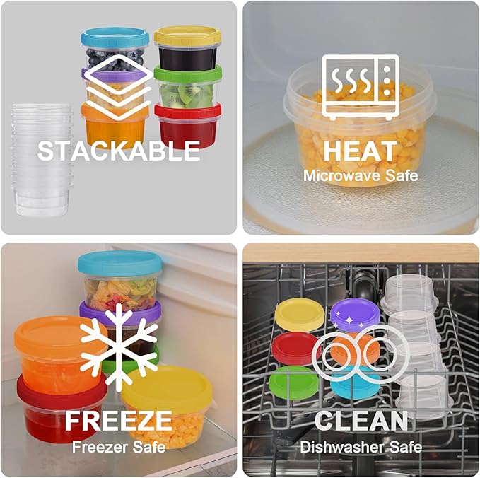 8 oz Plastic Containers with Lids, 24 Pack Stackable Small Freezer Container, Reusable Clear Food Storage Meal Prep Containers for Snack Fruit, Microwave & Dishwasher Safe, with Pen & Brush