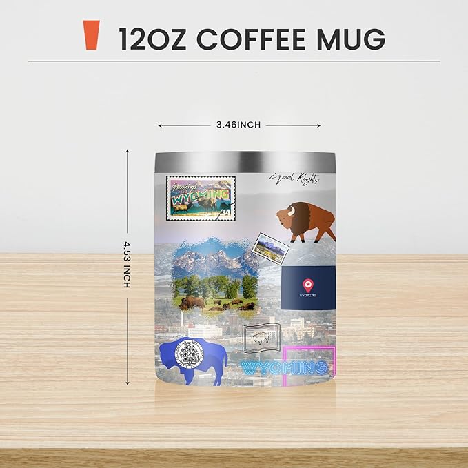 12oz Coffee Mug Wyoming State Insulated Coffee Cups, United States Map Travel Mug Landmark, Birthday Gifts Cute Mugs with Lid and Straw Gifts for Mom