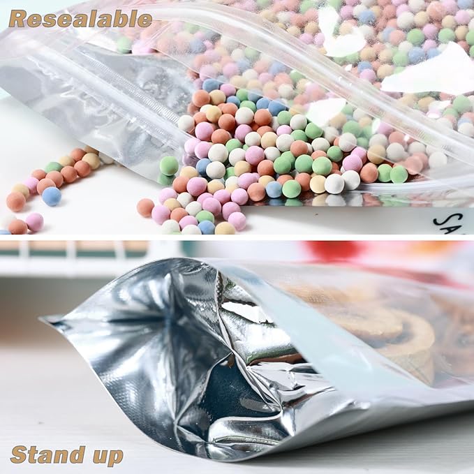 150-pack 4.7" x 7.9" Stand Up Mylar Bags with Clear Window Resealable Silver Aluminum Foil Pouches for Food Storage Smell Proof Edible Packaging Bag for Cookies and Small Business Bulk
