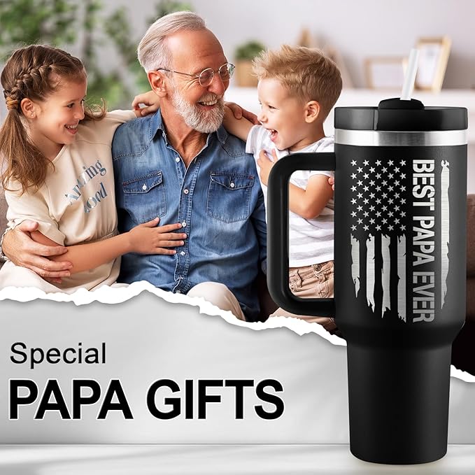 Papa Gifts Birthday Gifts for Papa Grandpa Gift from Grandkids Best Grandpa Birthday Gift 40oz Travel Cup Insulated Tumbler with Handle & Straw