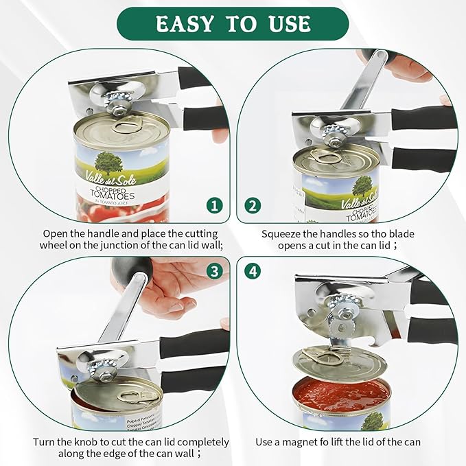 Manual Can Opener with Magnetic Lid Lifter – Heavy-Duty Handheld Can Opener for Large Cans with Ergonomic Handle, Bottle Opener Hook, Smooth Edge Cutting