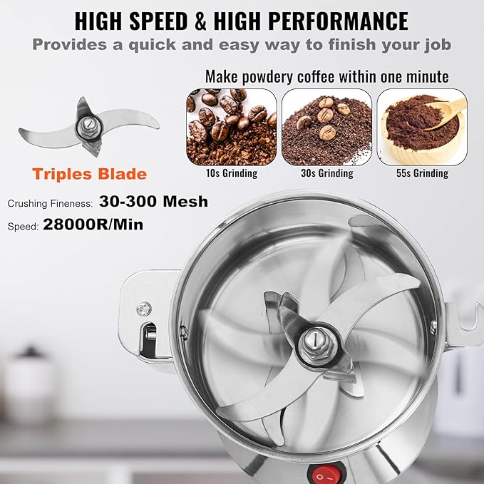 VEVOR 300g Electric Grain Mill Grinder, High Speed 1500W Commercial Spice Grinders, Stainless Steel Pulverizer Powder Machine, for Dry Grains Spices Cereals Coffee Corn Pepper, Straight Type
