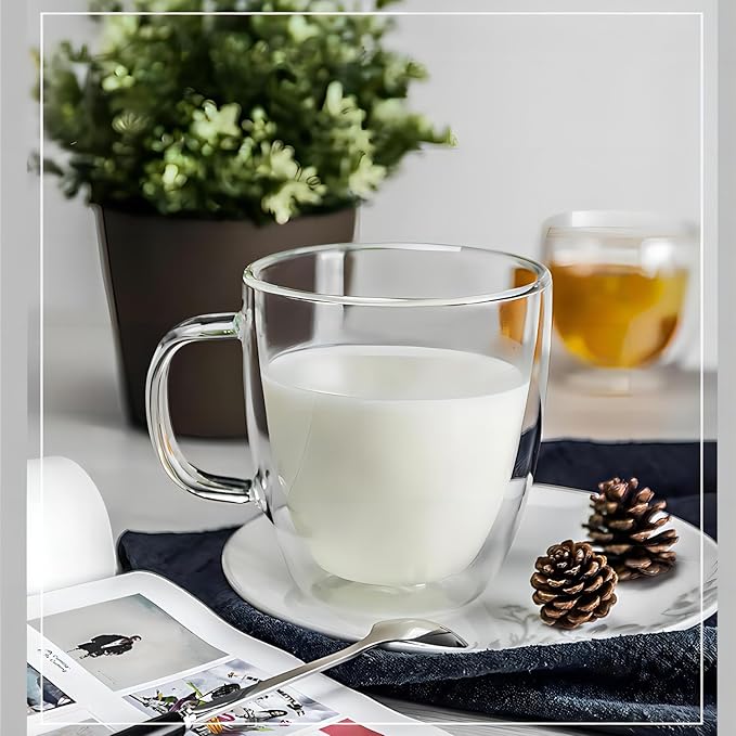 Double Wall Glass Coffee Mugs 350ml / 12oz – Set of 2 Insulated Clear Cups for Espresso, Latte, Cappuccino, Tea, Hot or Cold Drinks (15oz set of 2)