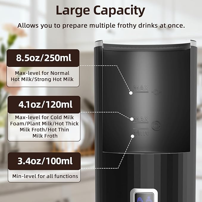 Milk Frother, 6-in-1 Electric Milk Steamer, 8.5oz/250ml Automatic Warm and Cold Foam Maker and Milk Warmer for Latte, Cappuccinos, Macchiato, From the Makers of Instant 400W, Black