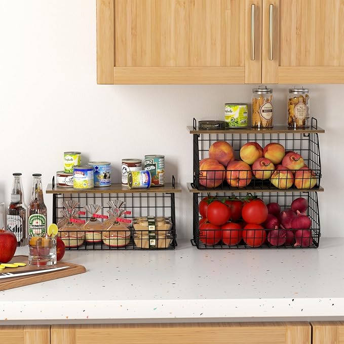 2 Pack Extra Large Pantry Organizers and Storage Stackable Trash Bag Holder,Laundry Room Organizers Basket with Wood Top,Wall Mount Large Standard Garbage Bag Dispenser,Under Sink Organization