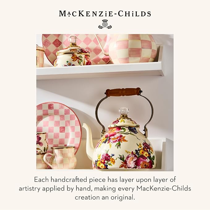 MACKENZIE-CHILDS Enamel Tea Kettle, Stylish Tea Kettle for Stovetop, White Flower Market, 3 Quarts