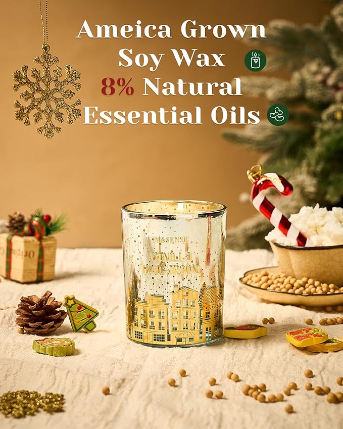 M&SENSE Vanilla Macaroon Wooden Wick Christmas Candle, Large 18oz 100 Hours Long Lasting Burn Time, Natural Soy Wax Non Toxic, Perfect Jar Candle Gifts for Holiday Birthday Celebration