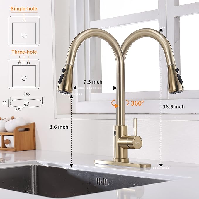 Touchless Faucet with Pull Down Sprayer, Motion Sensor & Soap Dispenser - Single High Arc Pull Out Faucet for Kitchen Sink, RV, Gold