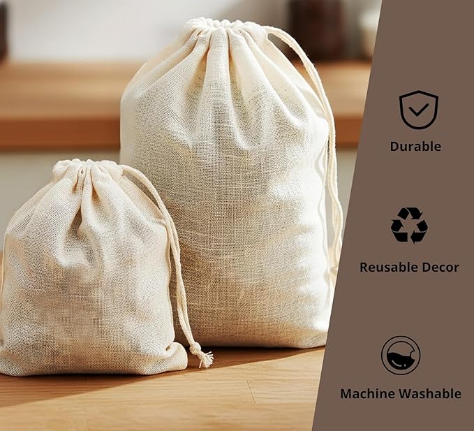 PurpleEssences Empty Spice Bags for Cooking Soup - Natural Unbleached Cotton Muslin Drawstring Cheesecloth Bags for Tea, Herbs, Bone Broth, Cold Brew & Straining - Natural (2, 8 x 10 Inch)
