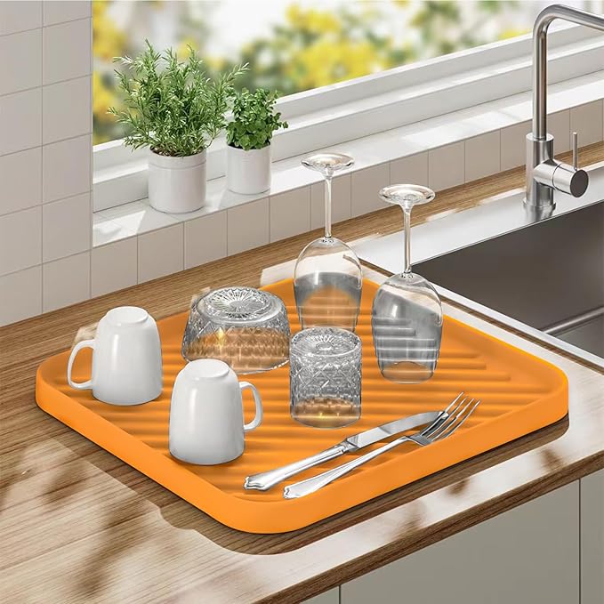 Silicone Organizer Tray for Kitchen Sink and Bathroom, Dishwasher Tray, Versatile Bathroom and Drawer Organizer Trays, Non-Slip Countertop (Orange)
