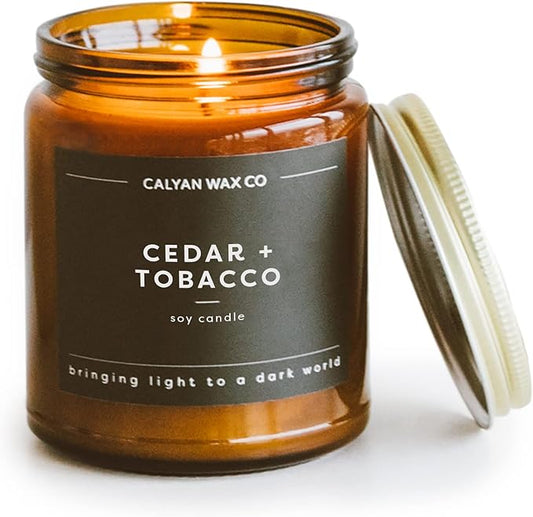 Calyan Wax Co. Cedar & Tobacco Scented Candle - 57 Hour Burn - Luxury Non Toxic Soy Wax Candles - Long Lasting Amber Glass Jar Candle for Home - 7.2oz