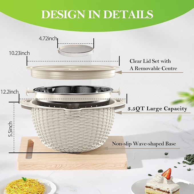 4-1 Colander with Bowl Set - Rotatable Strainers for Kitchen, Food Strainers and Colanders, Funny Presents for Women, Fruit Cleaner, Veggie Wash, Aesthetic Kitchen Gadget Essentials - Beige