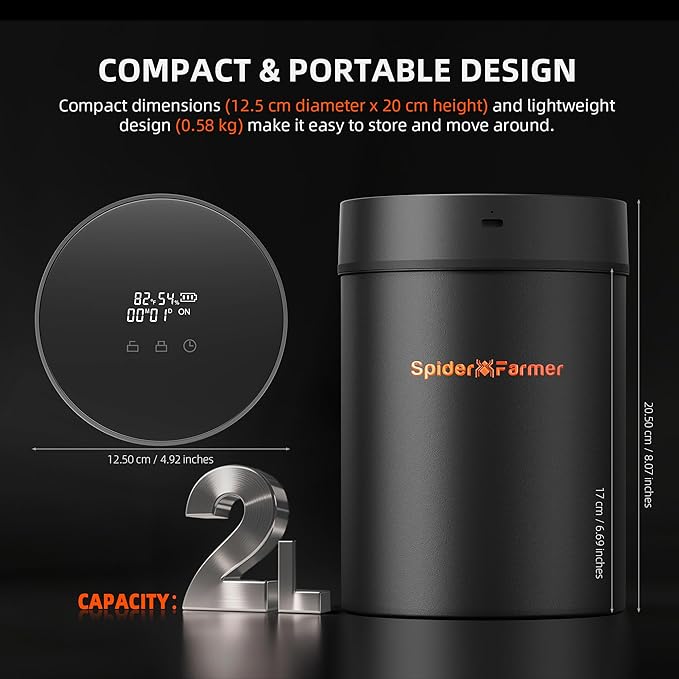 Spider Farmer New Auto-Cure Smart Jar, 2L Portable Vacuum Seal Container with 4 x 62% Humidity Packs, Curing Jar Airtight Storage for Herbs, Mushrooms, Coffee, Spices, Flowers