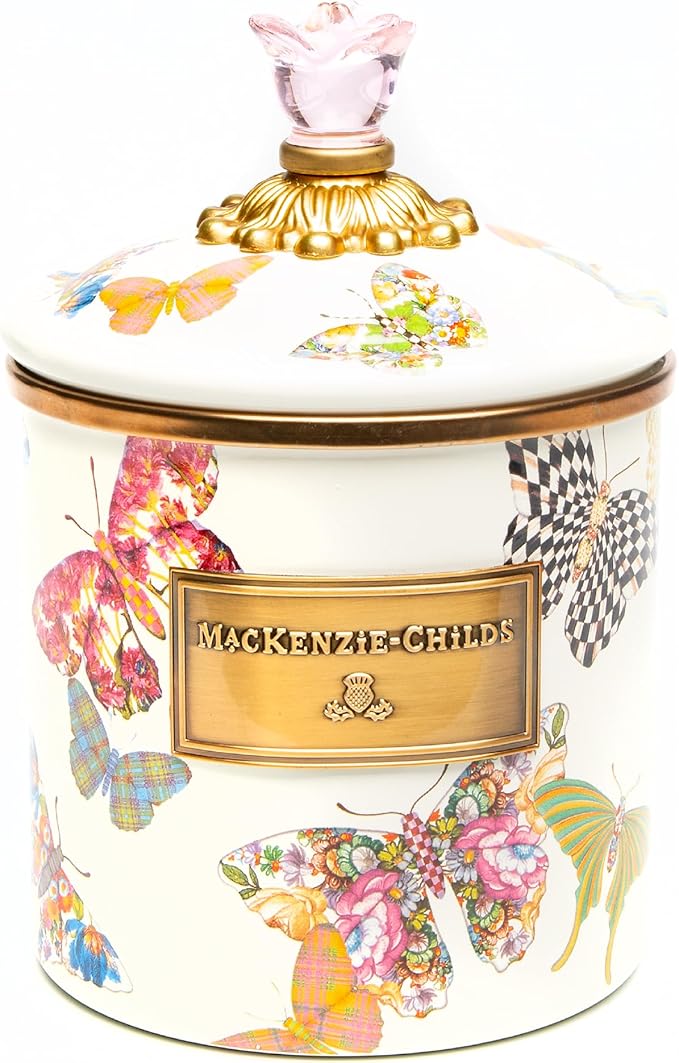 MACKENZIE-CHILDS Butterfly Garden Enamel Canister, Pretty Kitchen Storage Container with Lid, Small