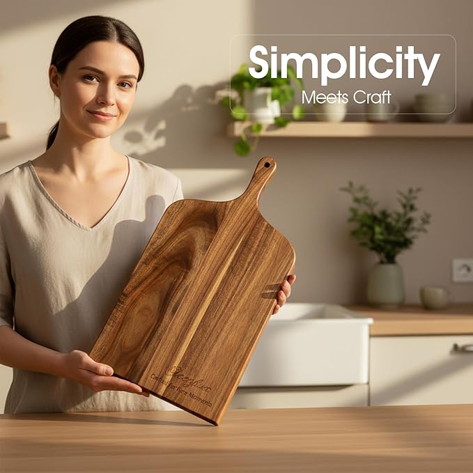 Acacia Wood Charcuterie & Cutting Board with Handle, High-Quality Multi-Purpose Cheese Serving Board with Clear Grain and Warm Natural Color - Ideal for Steak, Appetizers, Snacks & Kitchen Gift Giving