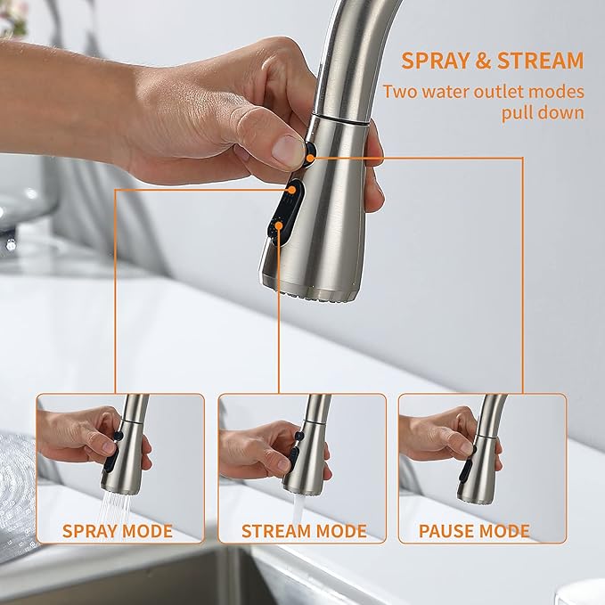 Keer Brush Nickel Single Handle Pull Down Kitchen Faucet with Soap Dispenser, 3 Modes Sprayer, Easy Assembly, Single Handle High Arc Stainless Steel Faucet
