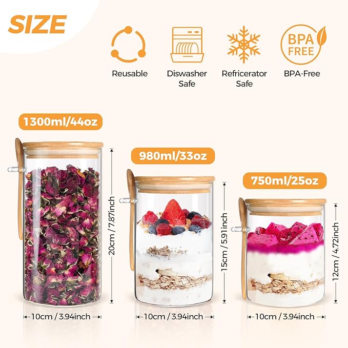 Glass Storage Containers 25oz/ 33oz/ 44oz with Bamboo Lids and Spoons, Glass Food Storage Jar with Lids, Kitchen Canisters Pantry Organizers for Cookie Tea Coffee Bean Overnight Oats (Set of 3)