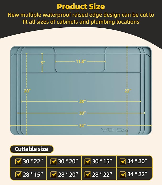Under Sink Mats for Kitchen Waterproof, 34" X 22" Or Smaller Cut to Fit Under Sink Drip Tray for Kitchen Bathroom Cabinets, Silicone Sink Liner Hold Up to 3.3 Gallons Liquid - Teal
