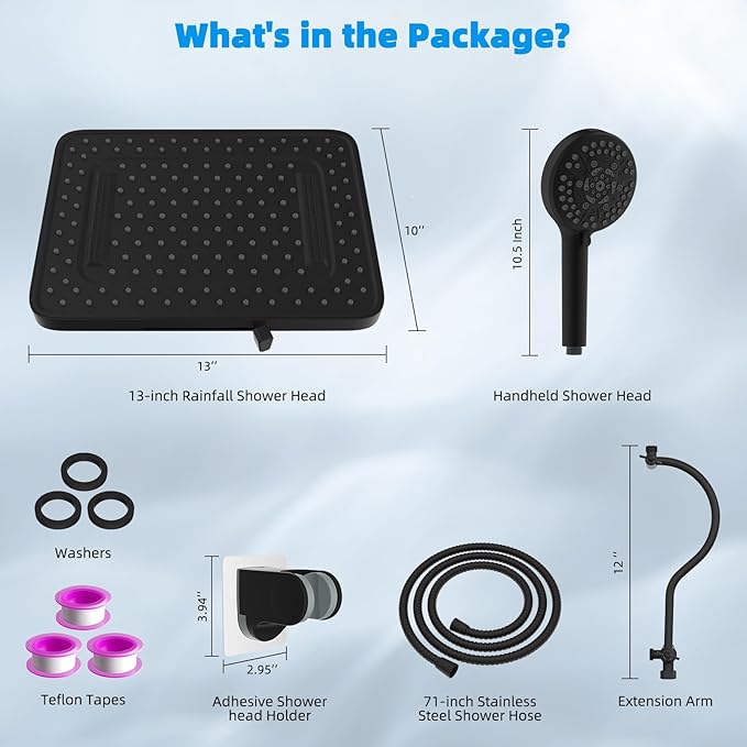 Hibbent cUPC Certified High Pressure 13'' Dual Shower Head Combo with 10-mode Handheld Spray, Rainfall 5-spray Shower Head, 12'' Adjustable Extension Arm, 71'' Hose, Showerhead Holder, Matte Black