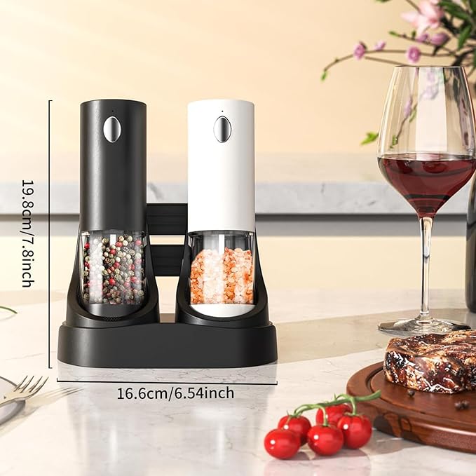 RECHARGEABLE - Electric Pepper and Salt Grinder Set, Adjustable Coarseness, With LED Light, One Hand Automatic Operation (C/Black&white)
