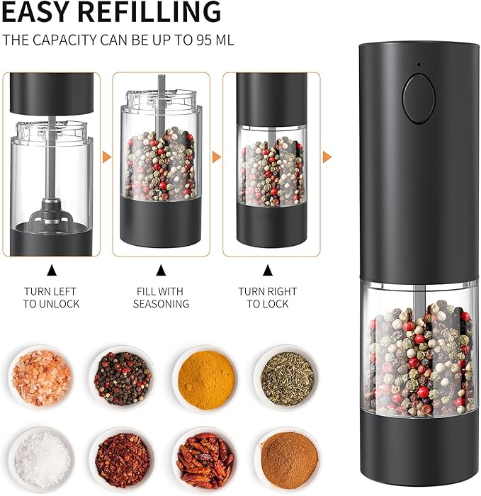 RECHARGEABLE - Electric Pepper and Salt Grinder Set, Adjustable Coarseness, With LED Light, One Hand Automatic Operation (C/Black&white)