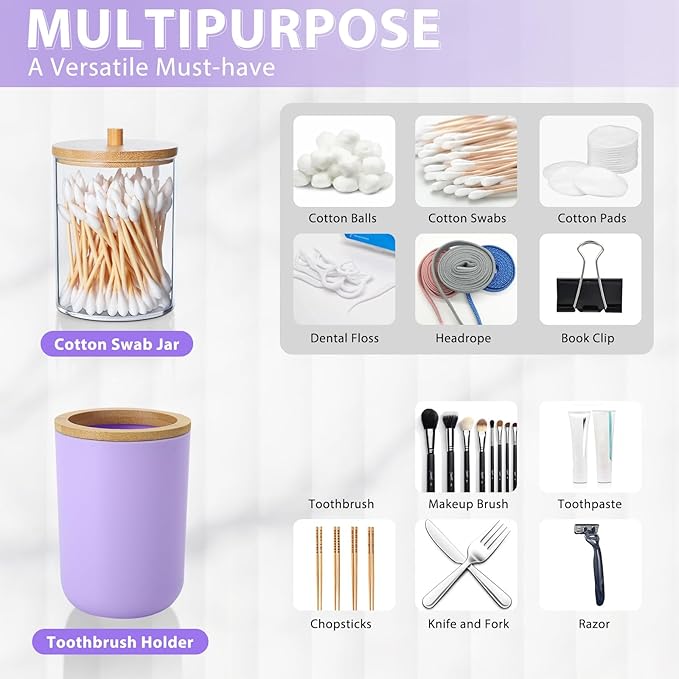 iMucci Bathroom Accessories Set 5Piece Light Purple Bathroom Sets, Toothbrush Holder, Toothbrush Cup, Lotion Soap Dispenser, Soap Dish and Qtip Holder Bathroom Decor