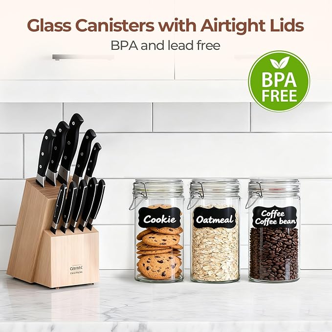 ComSaf Glass Jars with Airtight Lid Set of 3, Mason Jars 34 oz, Pickling Jar, Canning Jar 34oz, 34 oz Glass Containers with Lids for Kitchen, Pickle, Flour, Cereal, Pasta, Sugar, Herb