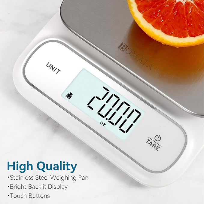 BOMATA Waterproof IPX6 Kitchen Scale, 0.1 g/0.01 oz High Precision, 5 kg/11 lbs, Digital Scale with Backlight, Stainless Steel Weighing Platform, for Food, Cooking, Baking, Weight Loss.. B619, Milky